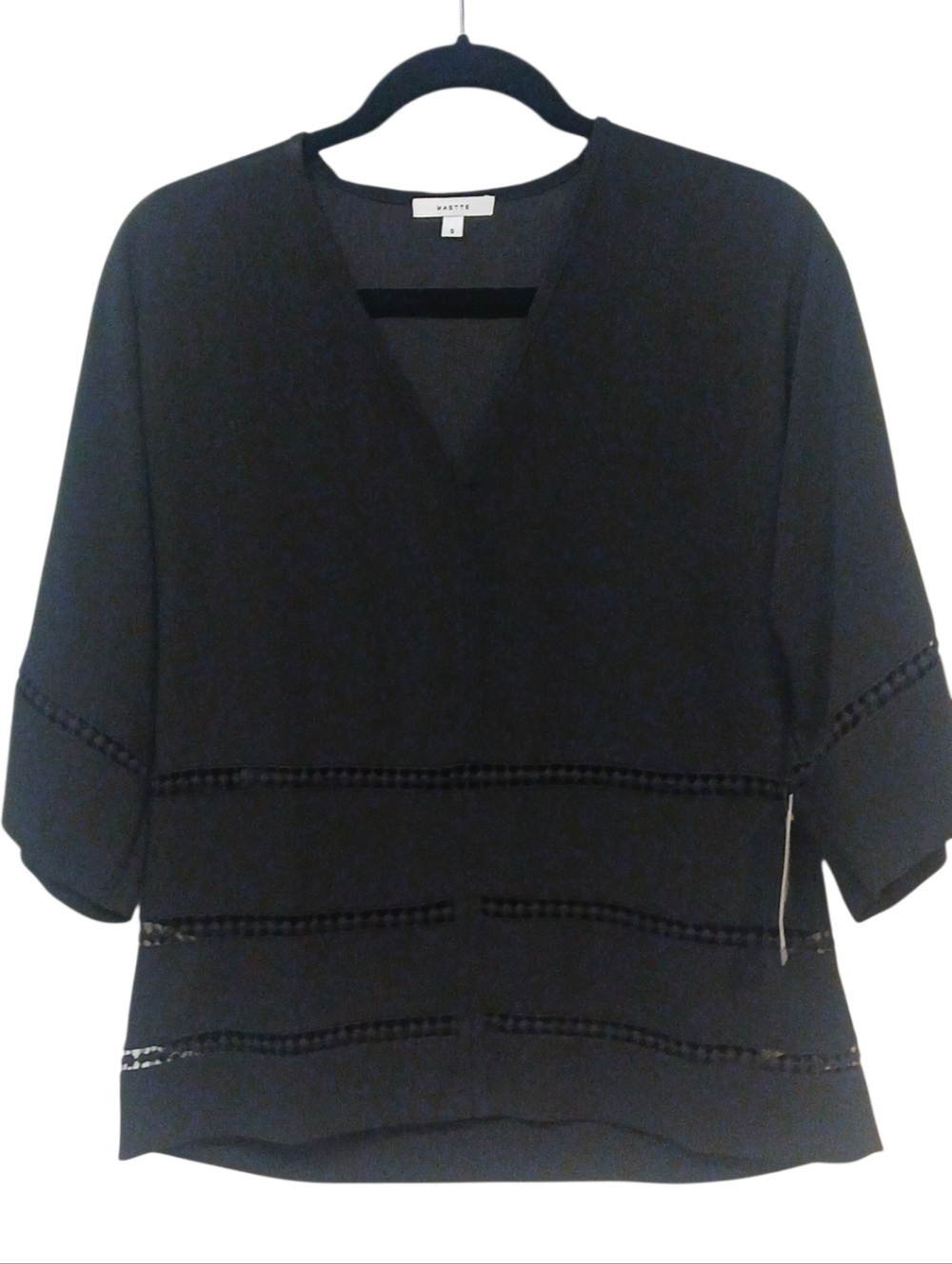Maette - NWT, Black V-Neck Blouse, Embroidered Embellishments, Short Sleeves,... - Picture 3 of 10